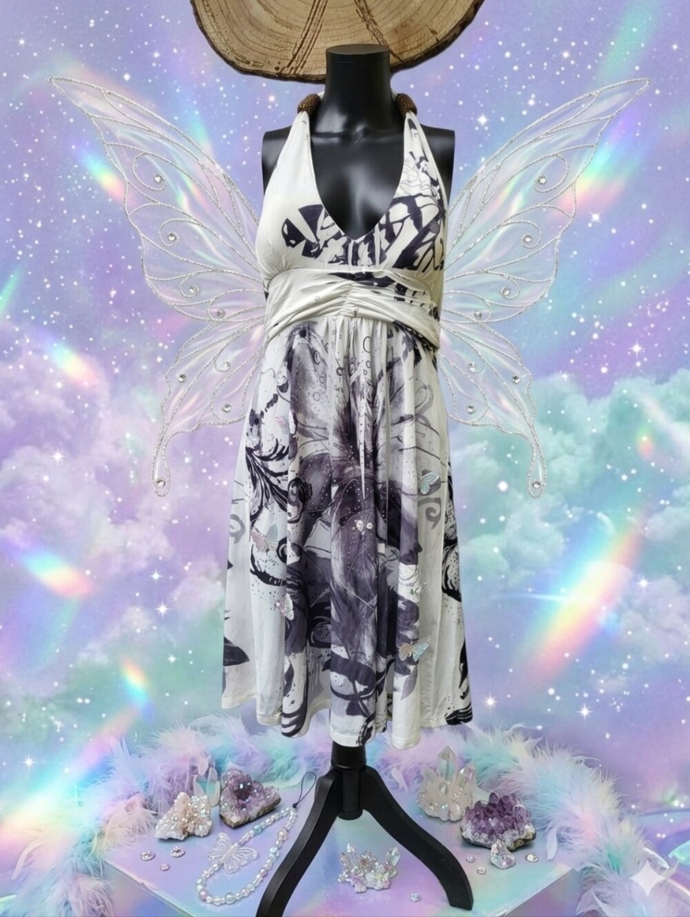 CristinaLove White & Gray fairy rhinestones backless Y2k Dress| XL
